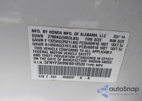 2014 Honda Pilot Touring из США, поврежденный, VIN 5FNYF3H99EB018530